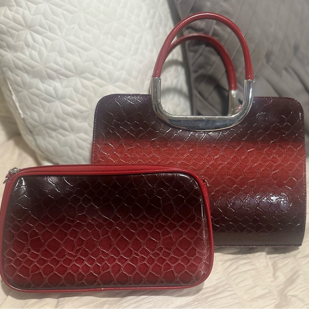Vintage Elegant Red Crocodile Pattern Handbag Set